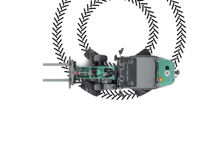 Ein Rendering des Radladers KL 21.5L zeigt eine leistungsstarke und funktionale Maschine mit verschieden Lenkarten.