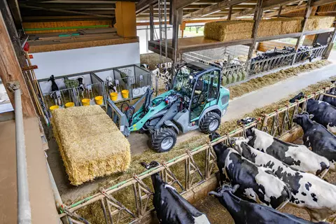 Der Kramer Radlader KL21.5L bei der Arbeit mit Strohballen.