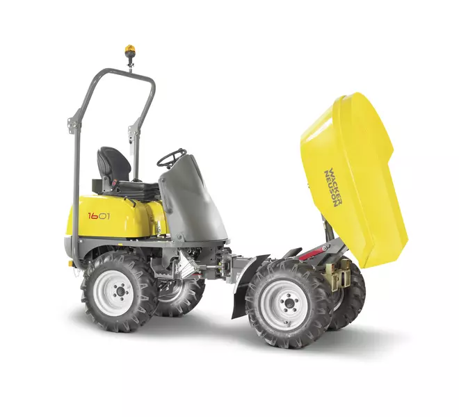 Wheel dumper 1601 side view with tipped trough to the front

