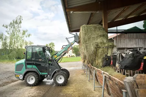 The compact KL14.5 while loading straw for the animal feeding. 