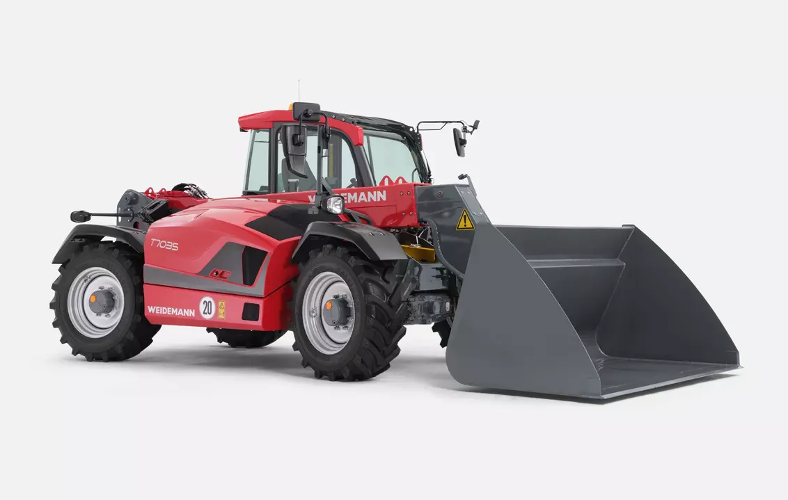 Weidemann telehandler T7035 cabin with light material bucket square, studio